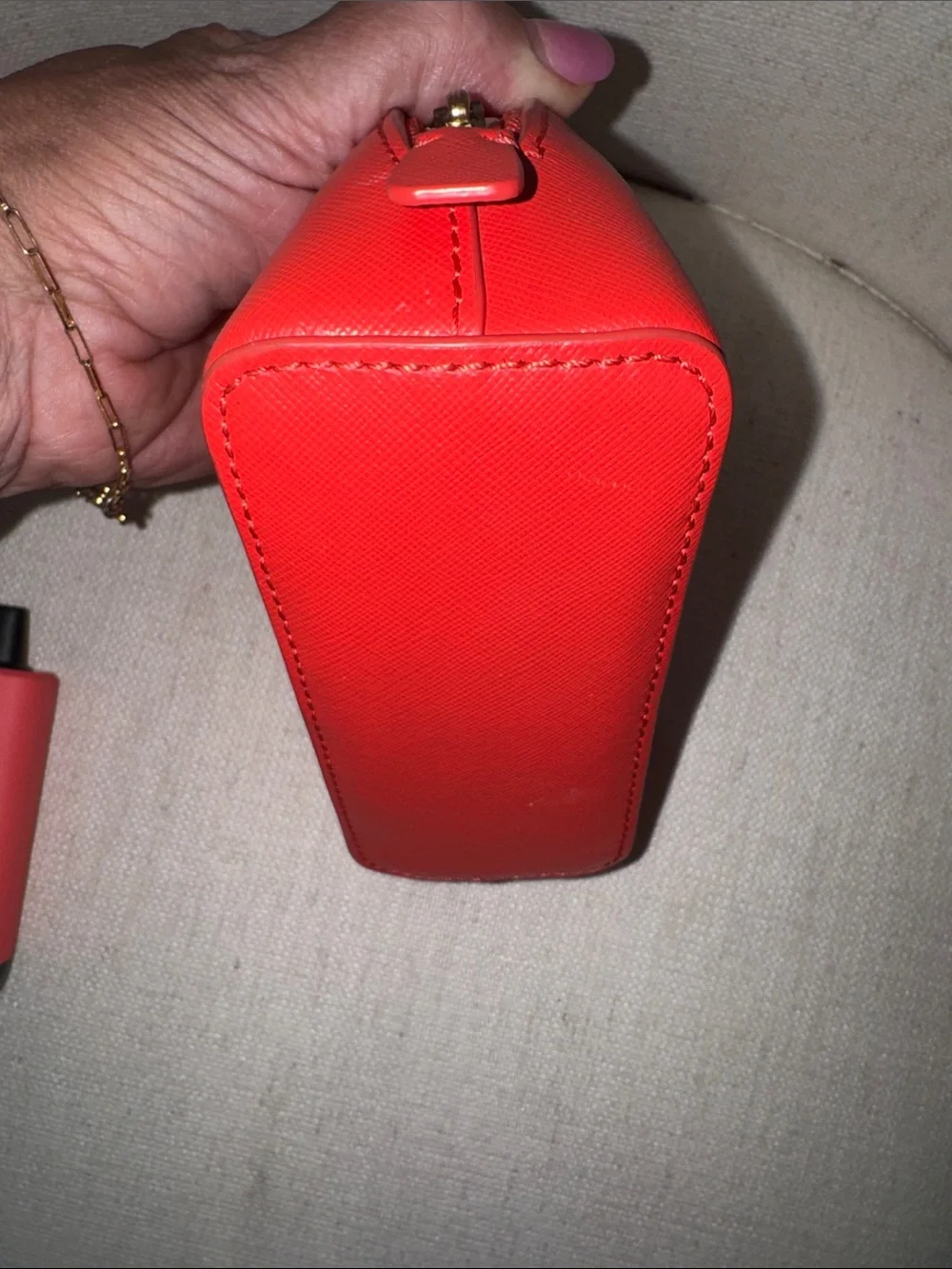 Tory Burch Orange-Red Dome Cosmetic Pouch with Gold Logo